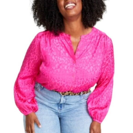 On 34th Plus Size Button Front Pink Jacquard Long Sleeved Shirt NWT