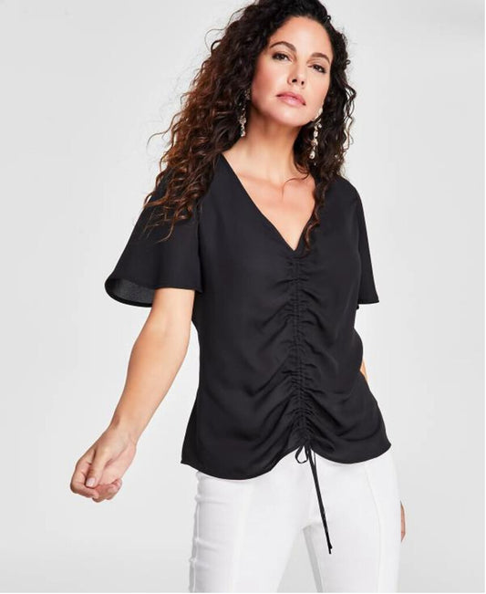 INC International Concepts Medium Black Ruched-Front Short-Sleeve Top NWT