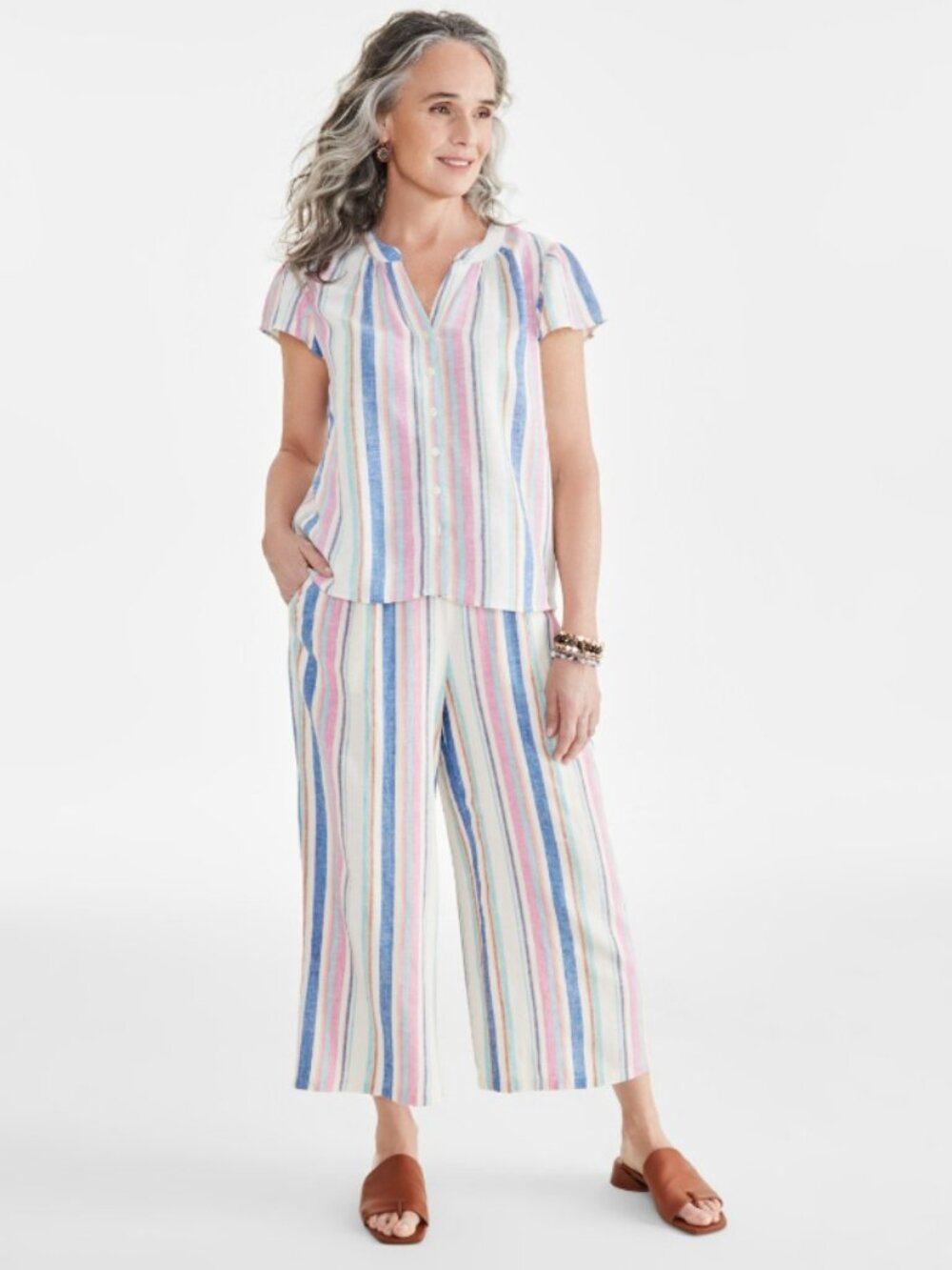 Style & Co Large Petite Linen-Blend Striped Flutter Sleeve Button Front Top NWT