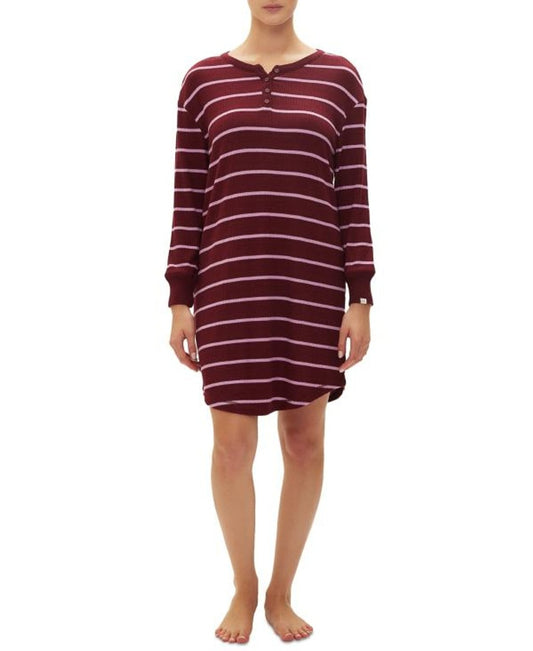 GAP Women's Small Maroon Striped Henley Dorm Long-Sleeve Sleepshirt / Dress NWT