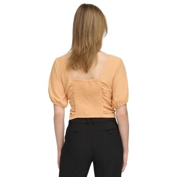 CALVIN KLEIN Women's XL Drawstring-Ruched Light Orange Puffed-Sleeve Top NWT