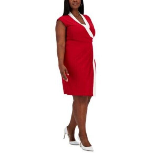 KASPER Plus Size Red and White Colorblocked Faux-Wrap Cap-Sleeve Dress NWT