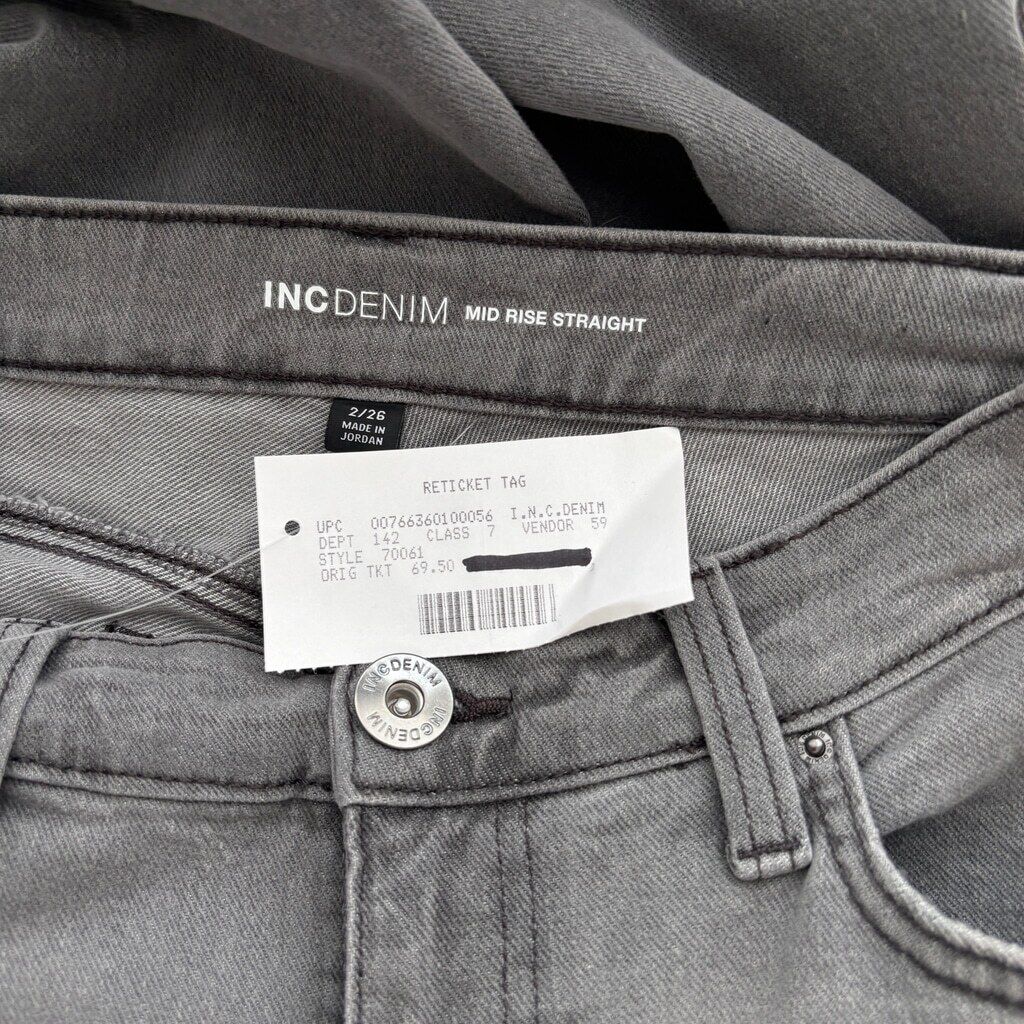 INC International Concepts Women's 2 Grey Mid Rise Ripped Straight-Leg Jeans NWT