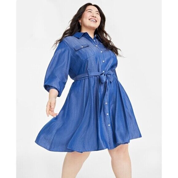 On 34th Plus Size Chambray Long-Sleeve Belted Shirtdress NWT
