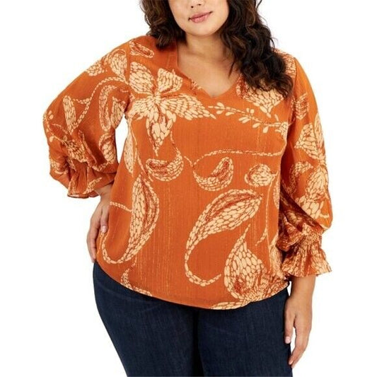 VINCE CAMUTO Plus Size 1X Orange Blouson-Sleeve Smocked-Cuff V-Neck Blouse NWT
