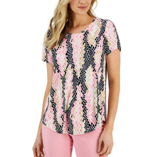 JM Collection Size Medium Pink and Black Reptile Print Scoop-Neck Top NWT