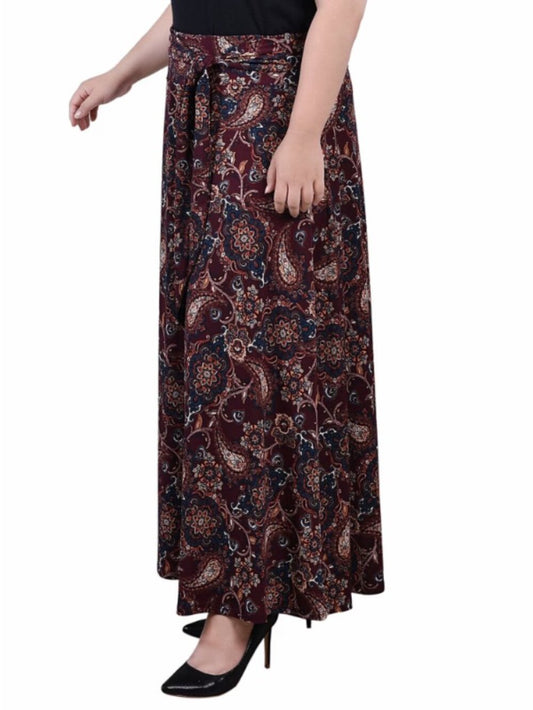 NY Collection Plus Size 2X Brown Paisley Maxi Skirt with Sash Tie NWT