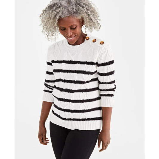 Style & Co. Size Large Striped Beige Cable Knit Button Shoulder Sweater NWT