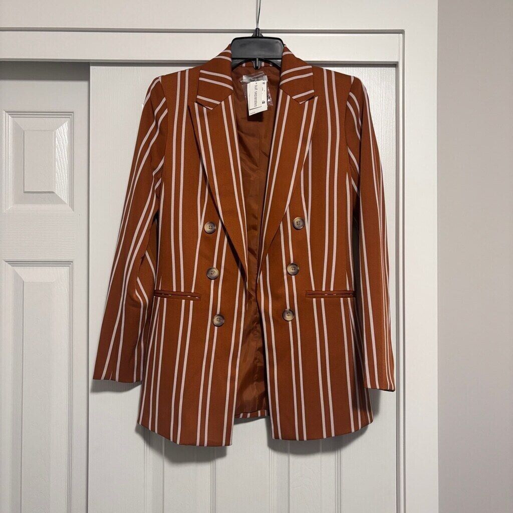 Bar III Women's Brown & White Striped Faux Double Breasted Blazer Jacket NWT