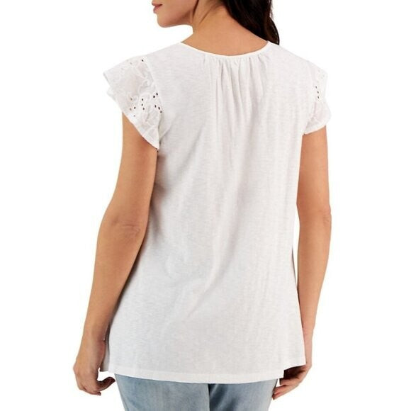 Style & Co. Petite Medium White Eyelet Lace Sleeveless Peasant Blouse NWT