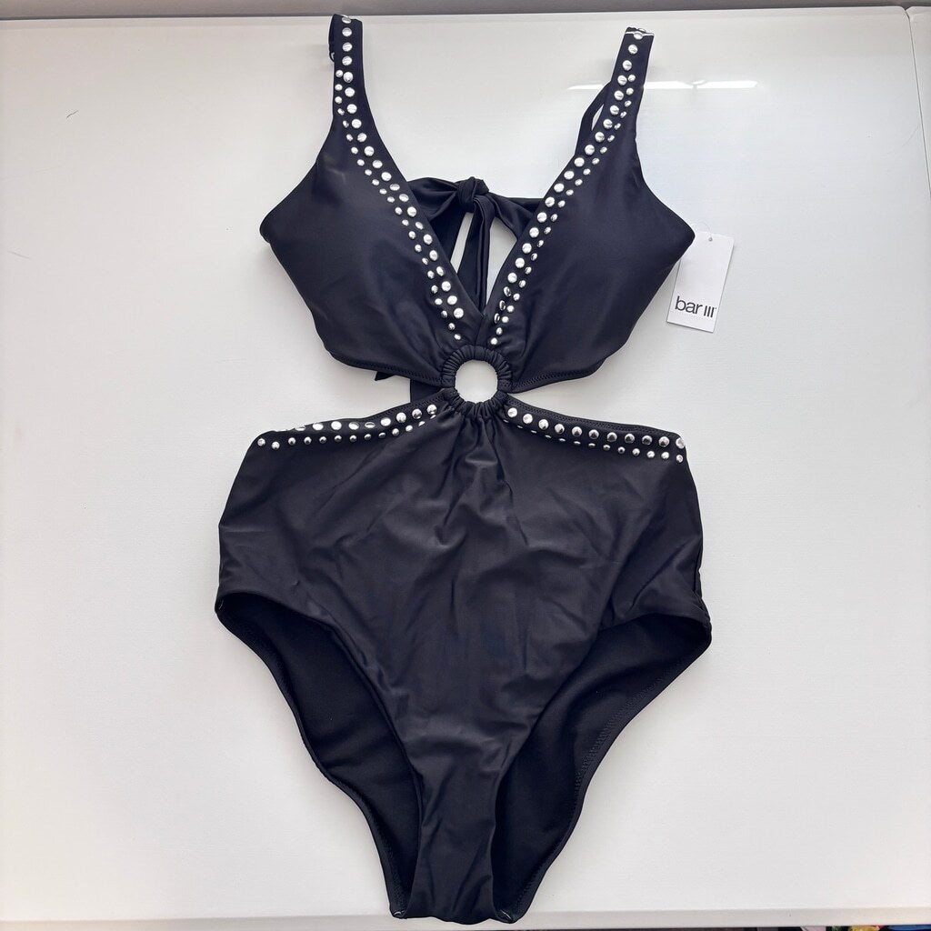 Bar III Women's Medium Black & Silver Stud Plunge One-Piece Swimsuit NWT