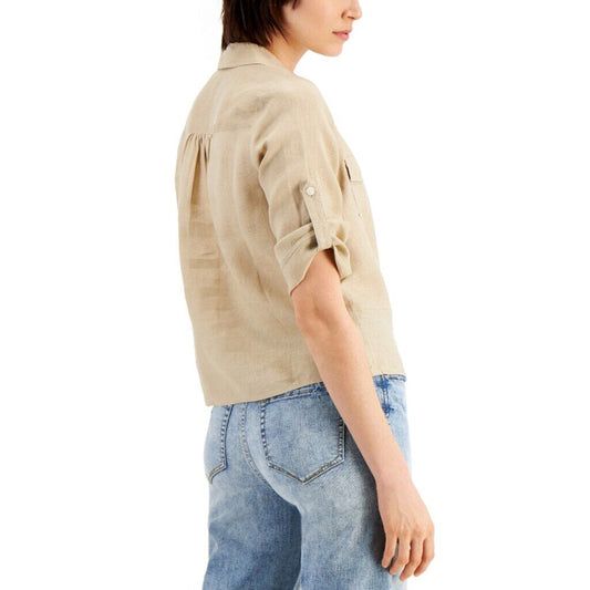 INC International Concepts Women's XL Beige Linen Twist-Hem Blouse NWT