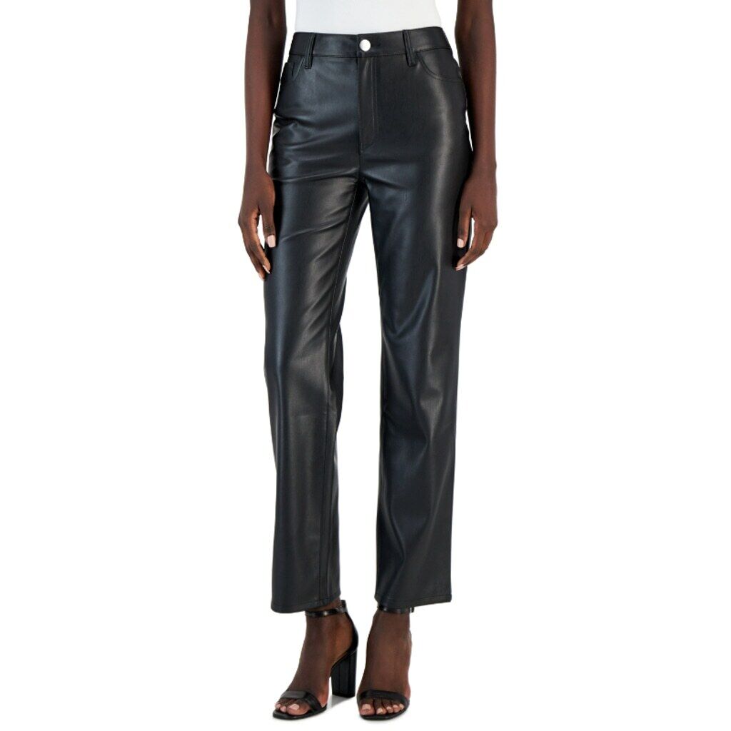 INC International Concepts Women's 6 Black Faux-Leather Straight-Leg Pants NWT