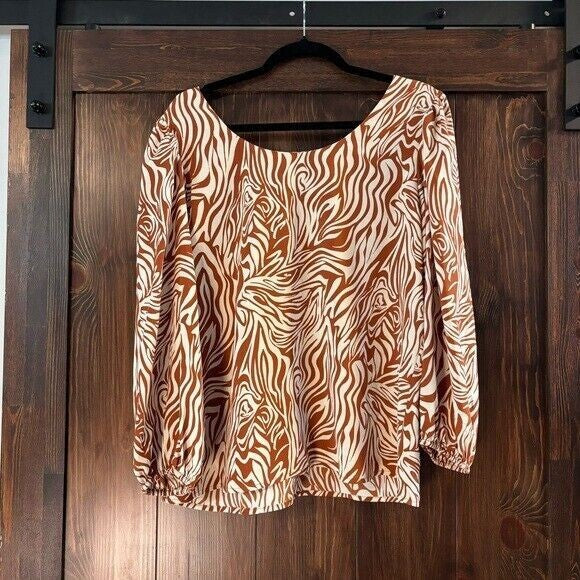 BAR III Women's Brown and Cream Animal-Print Scoop-Neck Puff-Sleeve Top NWT