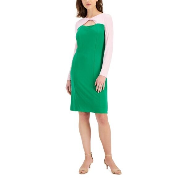 KASPER Women's Green and Pink Colorblock Knot-Neck Bodycon Dress NWT