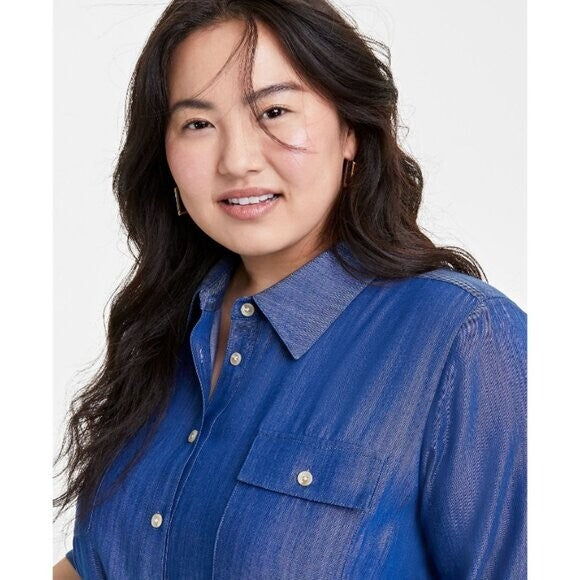 On 34th Plus Size Chambray Long-Sleeve Belted Shirtdress NWT