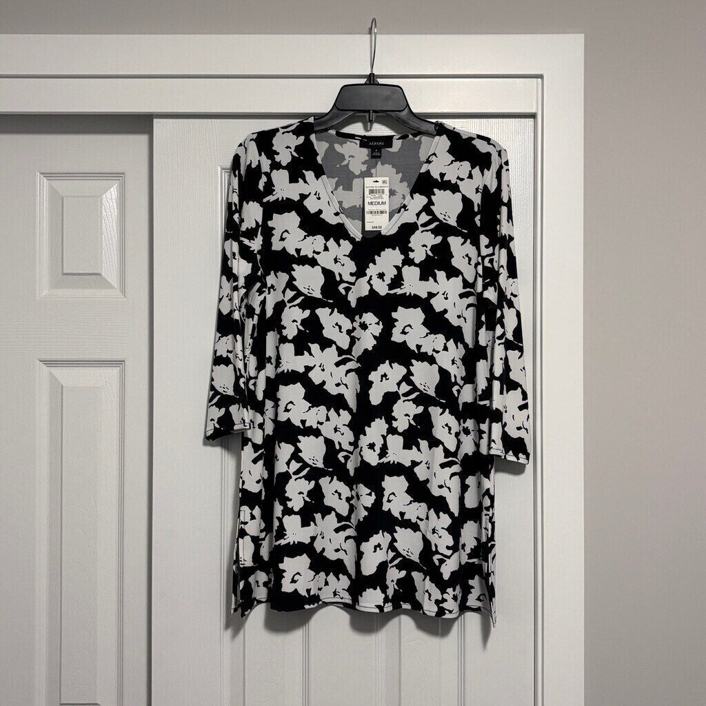 Alfani Women's Black & White Printed 3/4-Sleeve V-Neck Tunic Top NWT