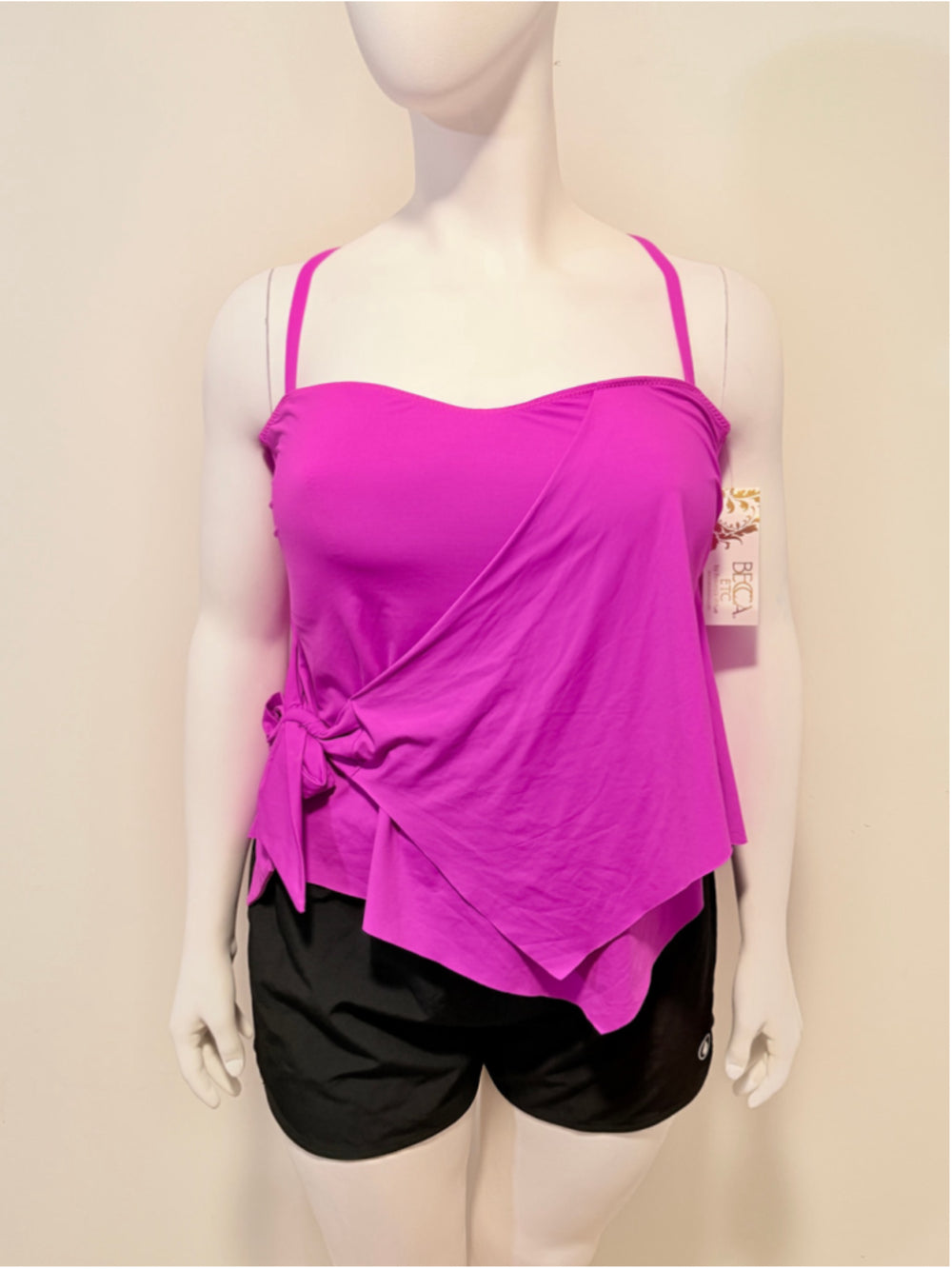 Becca ETC Plus Size 1X Pink Side-Tie Ruffle Adjustable Tankini Top NWT