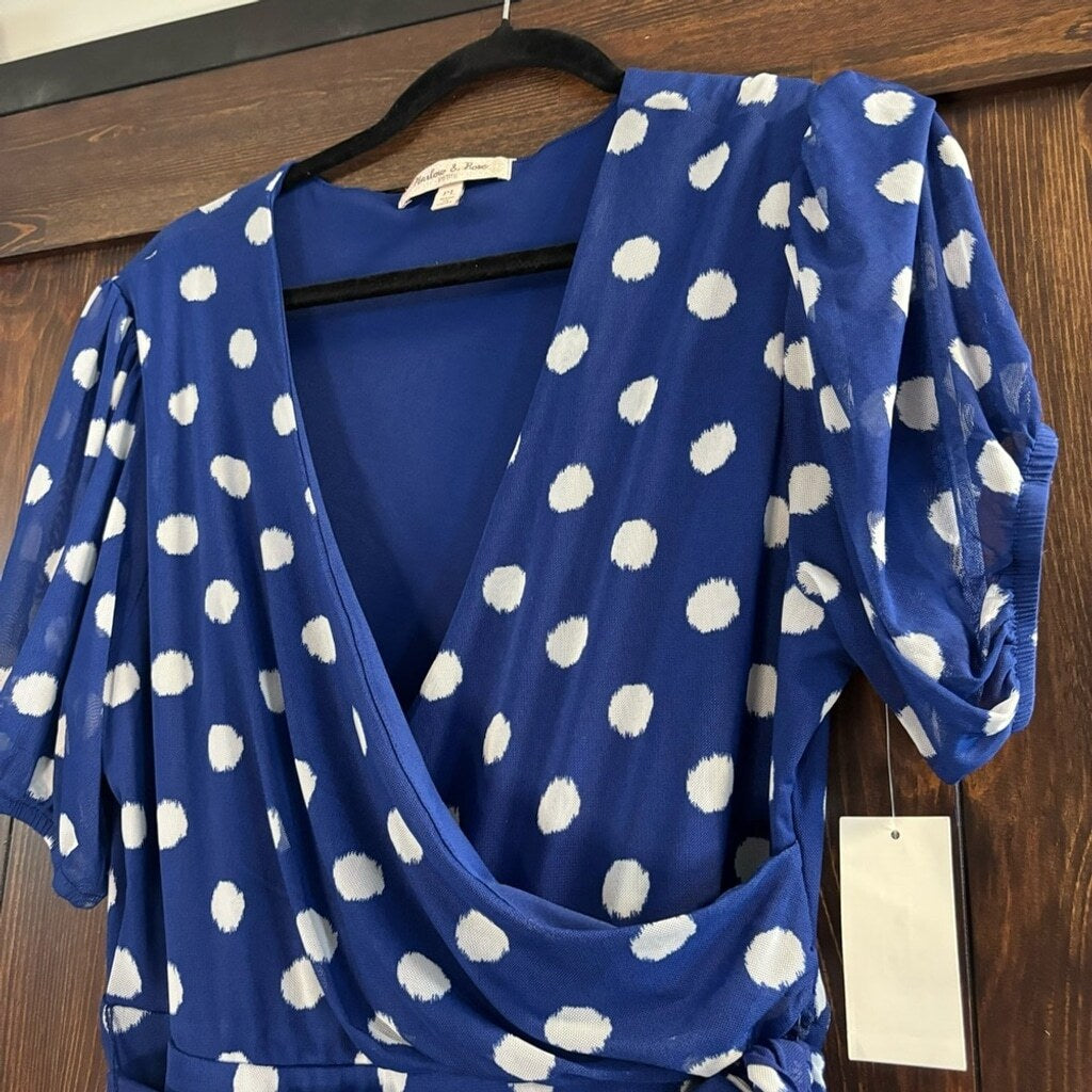 Jamie & Layla Petite Large Blue and White Polka Dot Faux-Wrap Maxi Dress NWT