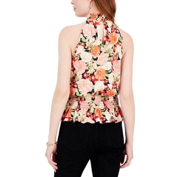 INC International Concepts Floral Printed Smocked-Waist Keyhole Top NWT