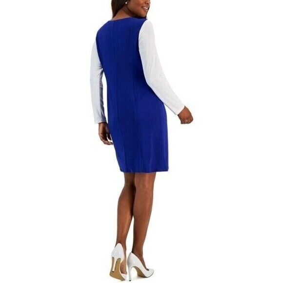 KASPER Women's Long Sleeved Bodycon Sheath Dress Blue & White NWT