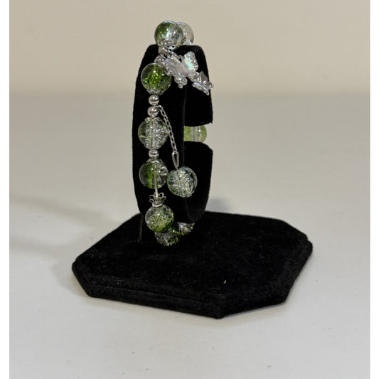 Green & Clear Faceted Crackle Bead Butterfly Charm Stretch Bracelet NWT