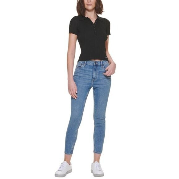 Calvin Klein Jeans Petite Medium Black Ribbed Polo Short Sleeve Shirt NWOT