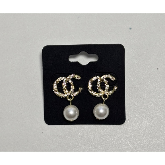 Gold & Rhinestone CC-Style Pearl Drop Earrings Luxury Inspired NWT
