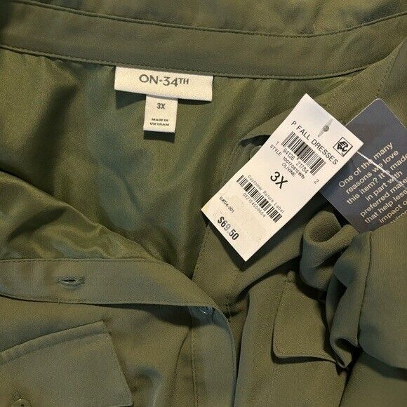 On 34th Plus Size Green Long-Sleeve Belted Shirtdress NWT