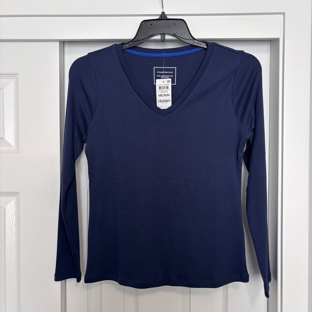 Charter Club Women's Medium 100% Cotton Long-Sleeve Navy Blue T-Shirt NWT