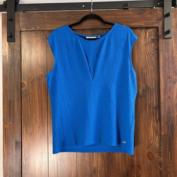 CALVIN KLEIN Cap Sleeve Pleated V-Bodice Textured Blue Blouse NWT