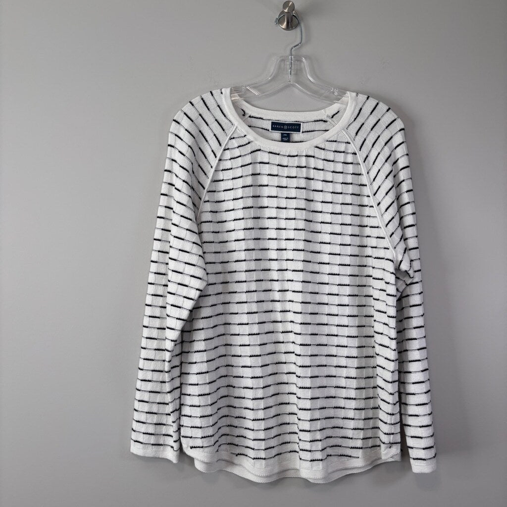 Karen Scott XL Petite White & Black 100% Cotton Curved-Hem Sweater NWT