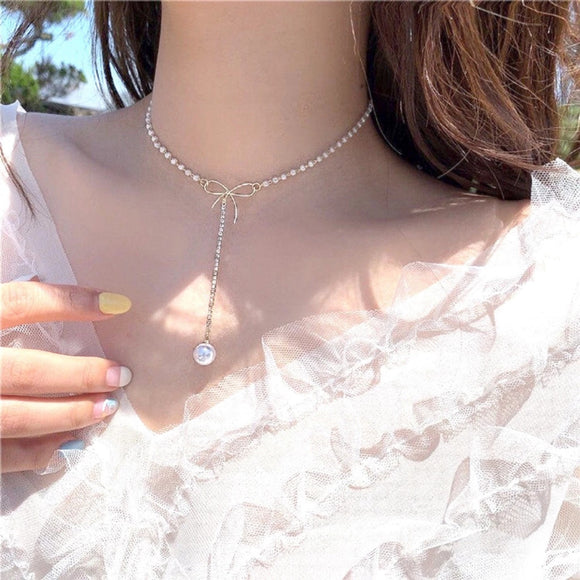 Bowknot Crystal Pendant Necklace Faux Pearl Gold Chain Elegant Jewelry NWT