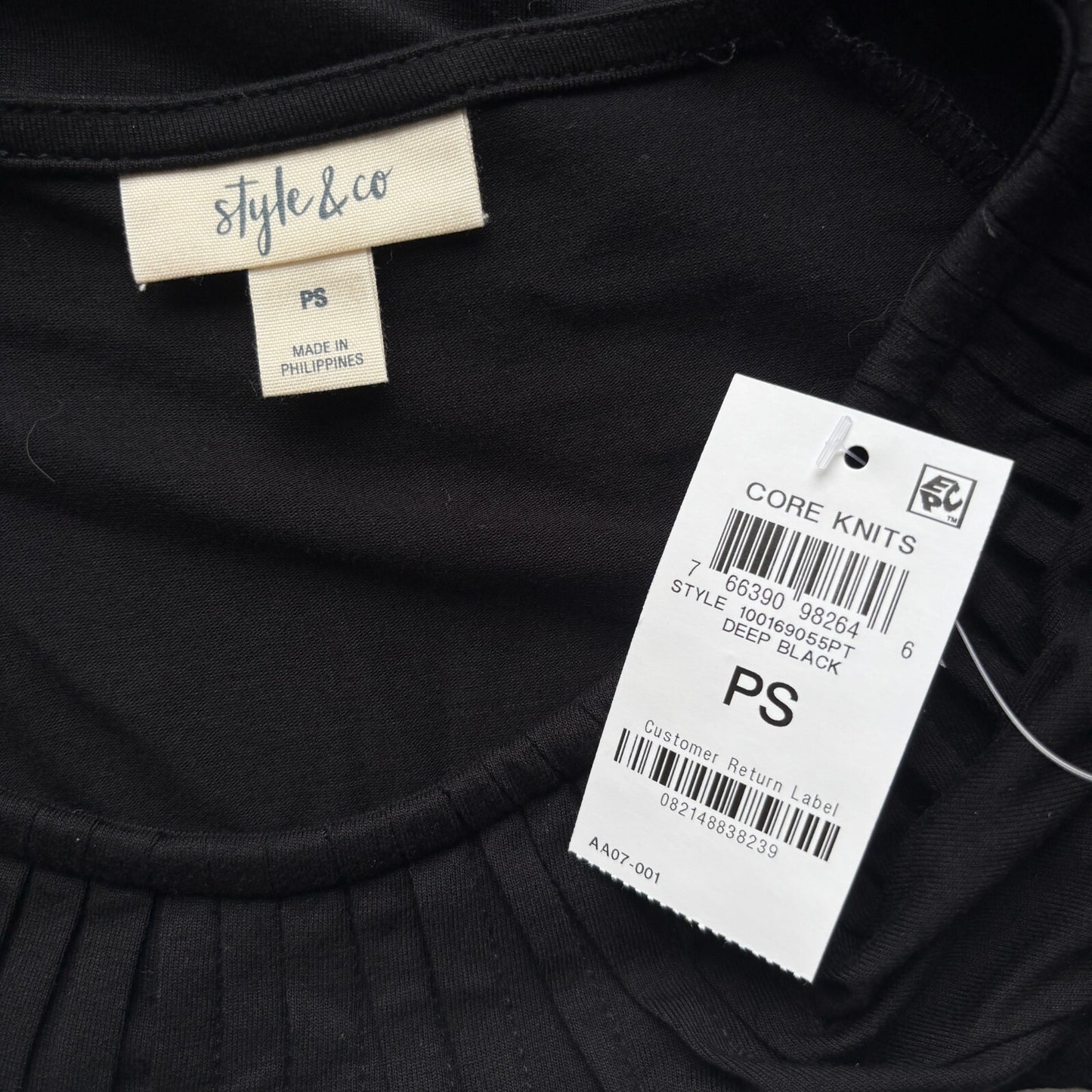 Style & Co Women's Petite Black Pleated Scoop-Neck Short-Sleeve Top NWT