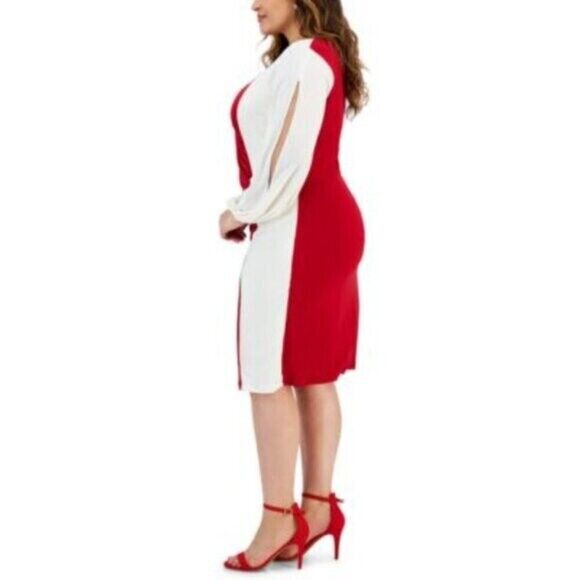 Kasper Plus Size Quinn White and Red Colorblocked Split-Sleeve Dress NWT
