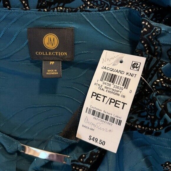 JM Collection Petite Small Blue & Black Paisley Glitter Jacquard Keyhole Top NWT