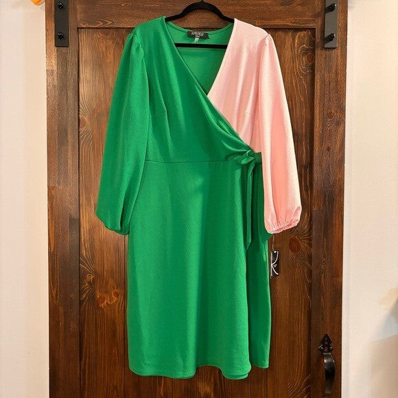 KASPER Plus Size Colorblocked Surplice Green and Pink Side-Tie Dress NWT