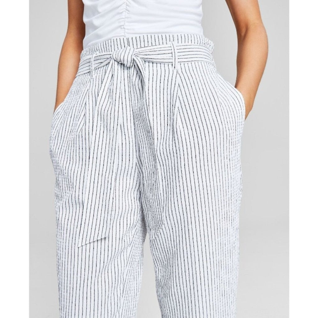 Bar III Women's XXL White and Black Pucker-Stripe Tie-Waist Dress Pants NWT
