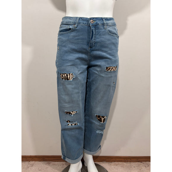 INC International Concepts Size 16 Denim Boyfriend Jeans Distressed Leopard NWT