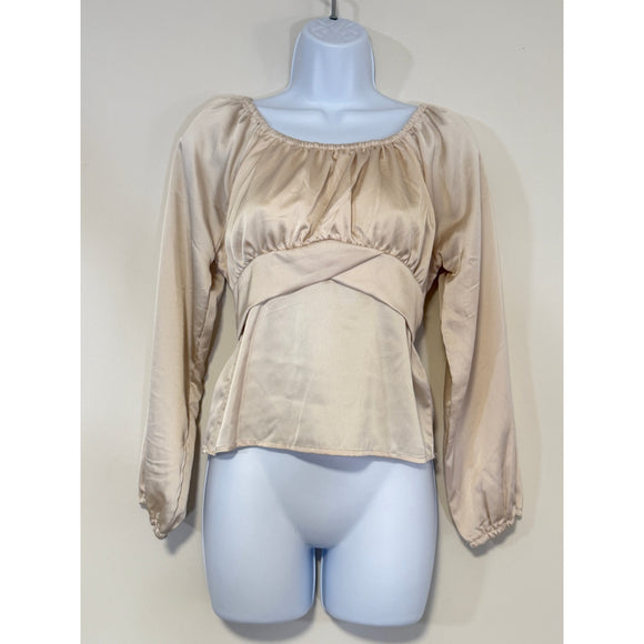 Beautees Size Extra Large Beige Tie-Back Satin Peasant Blouse Top NWT