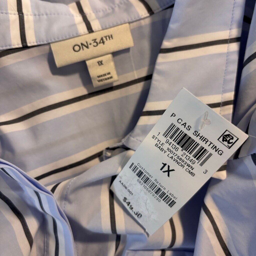 On 34th Plus Size 1X Cotton Tunic Blue Striped Button-Down Shirt NWT.