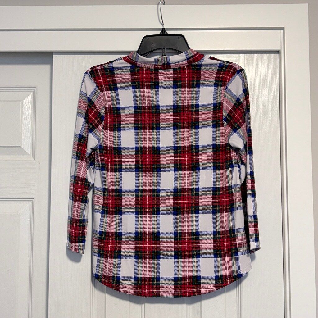 Charter Club Women's Small Petite Colorful Plaid Pleated-Neck 3/4-Sleeve Top NWT