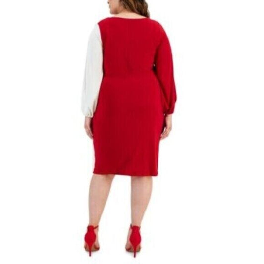 Kasper Plus Size Quinn White and Red Colorblocked Split-Sleeve Dress NWT