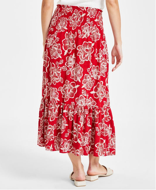 Nautica Jeans Size XL Red Floral Tiered Smocked-Waist Maxi Skirt NWT