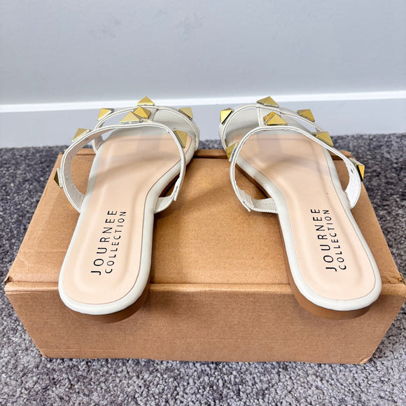 Journee Collection Women's 7.5 Beige Khaki Kendall Gold Studded Sandals NIB