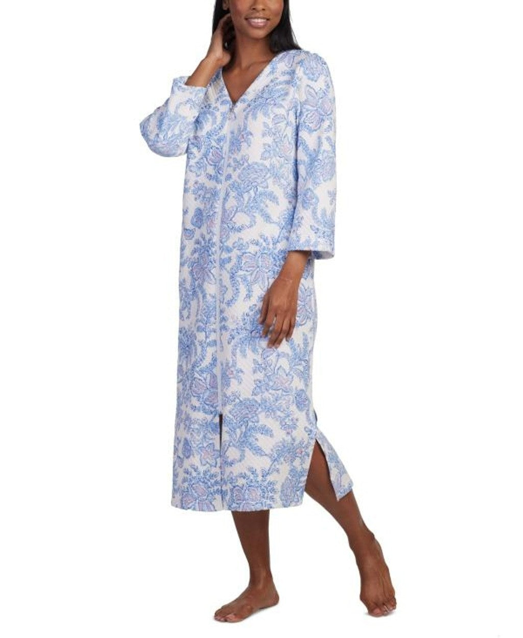 Miss Elaine Size Large Relax White & Blue Floral Quilted Zip Front Robe NWT