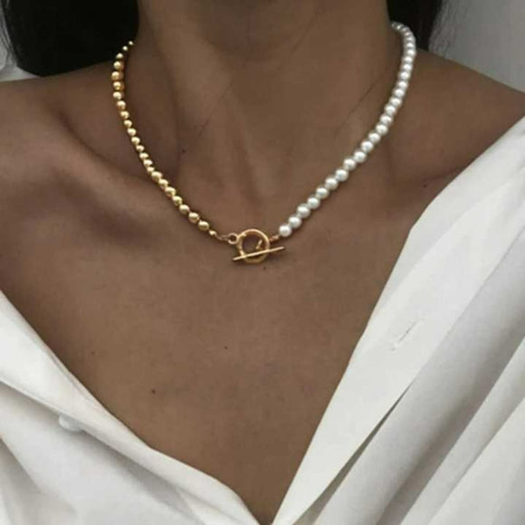 Classic Gold Colored OT Clasp Pearl Bead Chain Choker Necklace for Women NWT