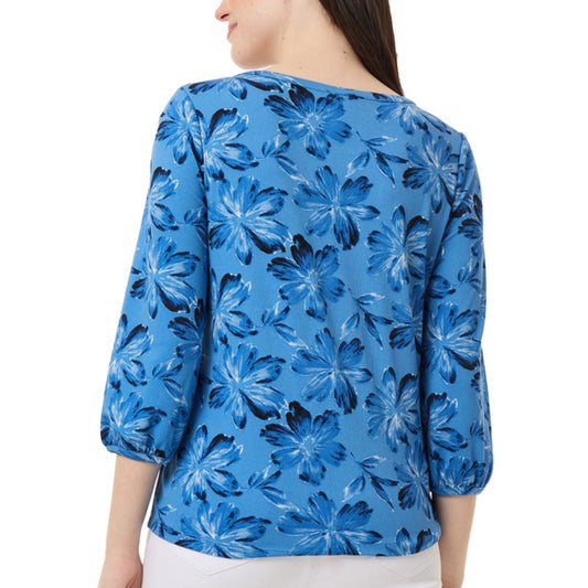Jones New York Extra Small Petite Blue Floral Crewneck 3/4-Sleeve Blouse NWT