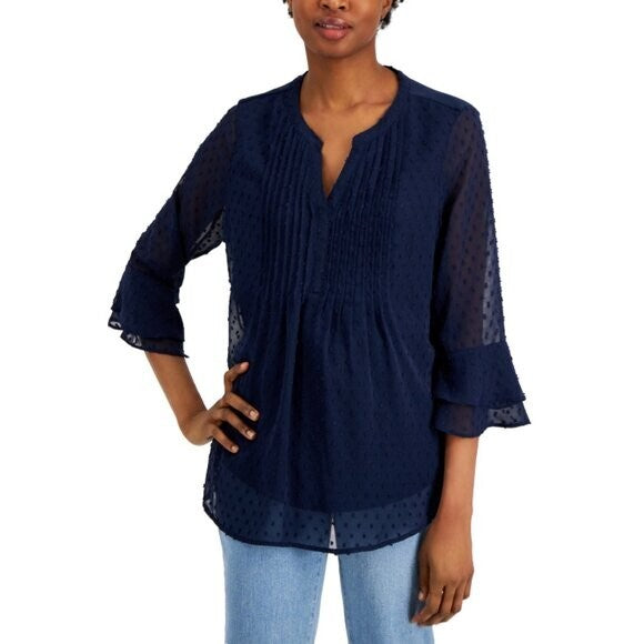 CHARTER CLUB Women's Textured Pintuck Navy Blue Chiffon Top NWT