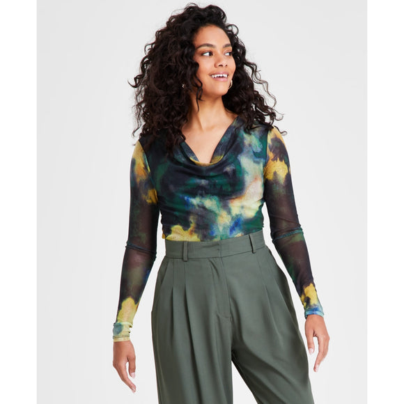 Bar III Petite Green Abstract Printed Long-Sleeve Cowlneck Mesh Top NWT